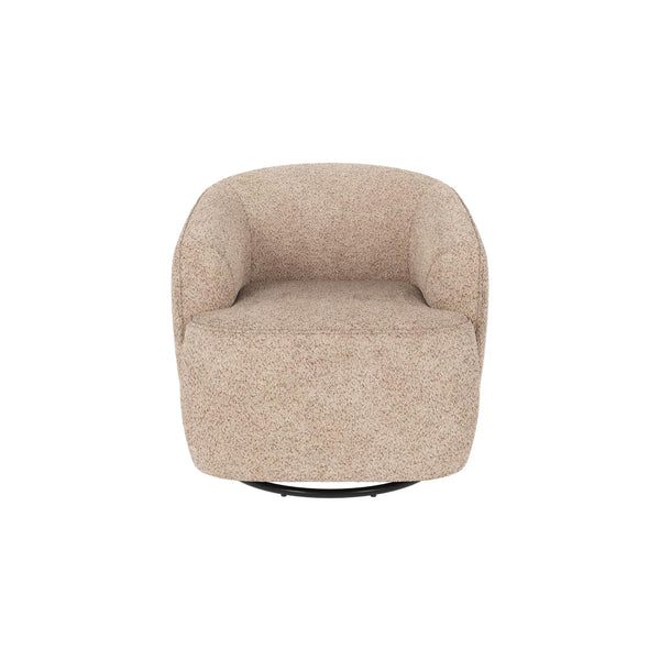 Beige fåtölj med rundad form i teddy-tyg, svängbar funktion och mjuk stoppad design