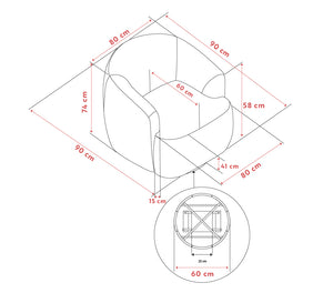 Måttskiss för fåtölj med dimensioner 90x80x74 cm, visar mått från olika vinklar inklusive sittdjup 60 cm