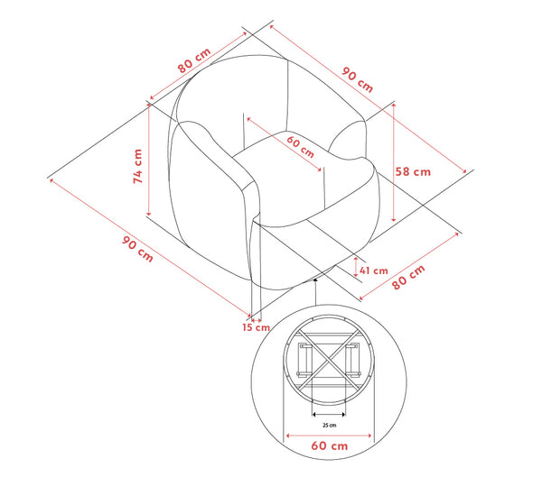 Måttskiss för fåtölj med dimensioner 90x80x74 cm, visar mått från olika vinklar inklusive sittdjup 60 cm