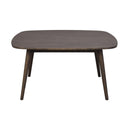 Mörkbrun soffbord i trä med rundad bordsskiva och fyra avsmalnande ben