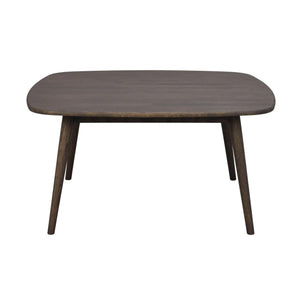 Mörkbrun soffbord i trä med rundad bordsskiva och fyra avsmalnande ben