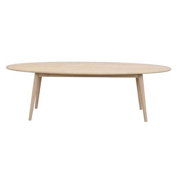 Ovalt soffbord i ljust trä med skandinavisk design och fyra avsmalnande ben