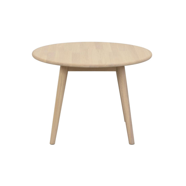Runt soffbord i ljust trä med tre ben och minimalistisk skandinavisk design