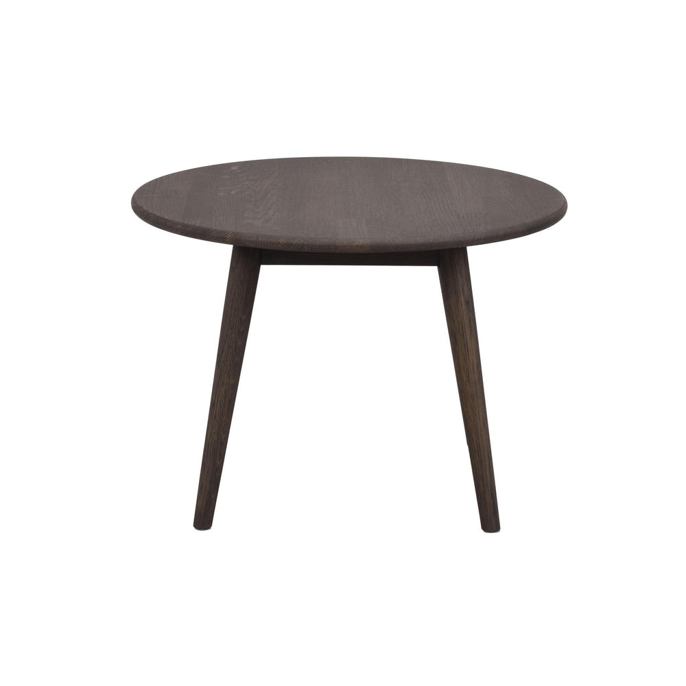 Runt soffbord i mörkbrun ek med tre ben i skandinavisk design