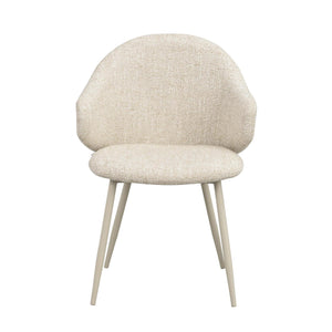 Beige stoppad stol med rundad rygg och smala metallben i ljus färg