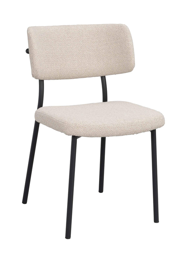 Matstol med beige klädsel och svarta metallben, modern design med stoppad rygg och sits