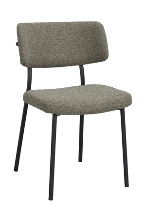 Grön stol med svarta metallben och stoppad rygg och sits i bouclé-tyg