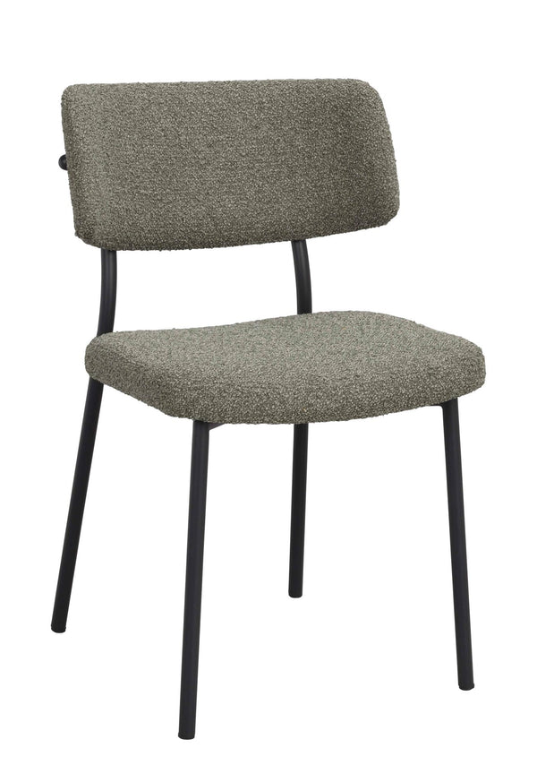 Grön stol med svarta metallben och stoppad rygg och sits i bouclé-tyg