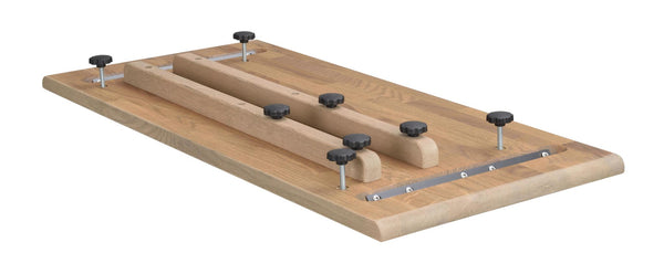 Träbordsskiva med justeringssystem och spännknopar för snickeriarbete och montering