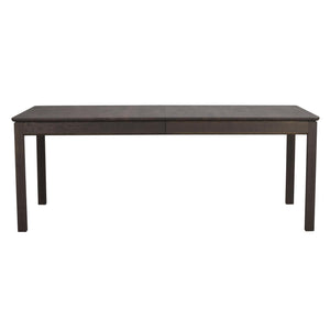 Mörkbrun matbord i trä med raka ben och utdragsfunktion, framifrån fotograferat mot vit bakgrund