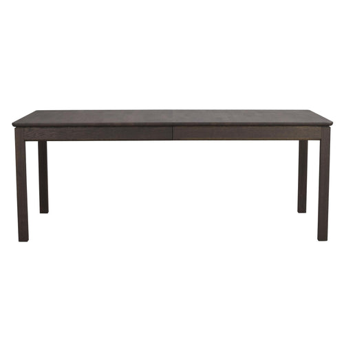 Mörkbrun matbord i trä med raka ben och utdragsfunktion, framifrån fotograferat mot vit bakgrund