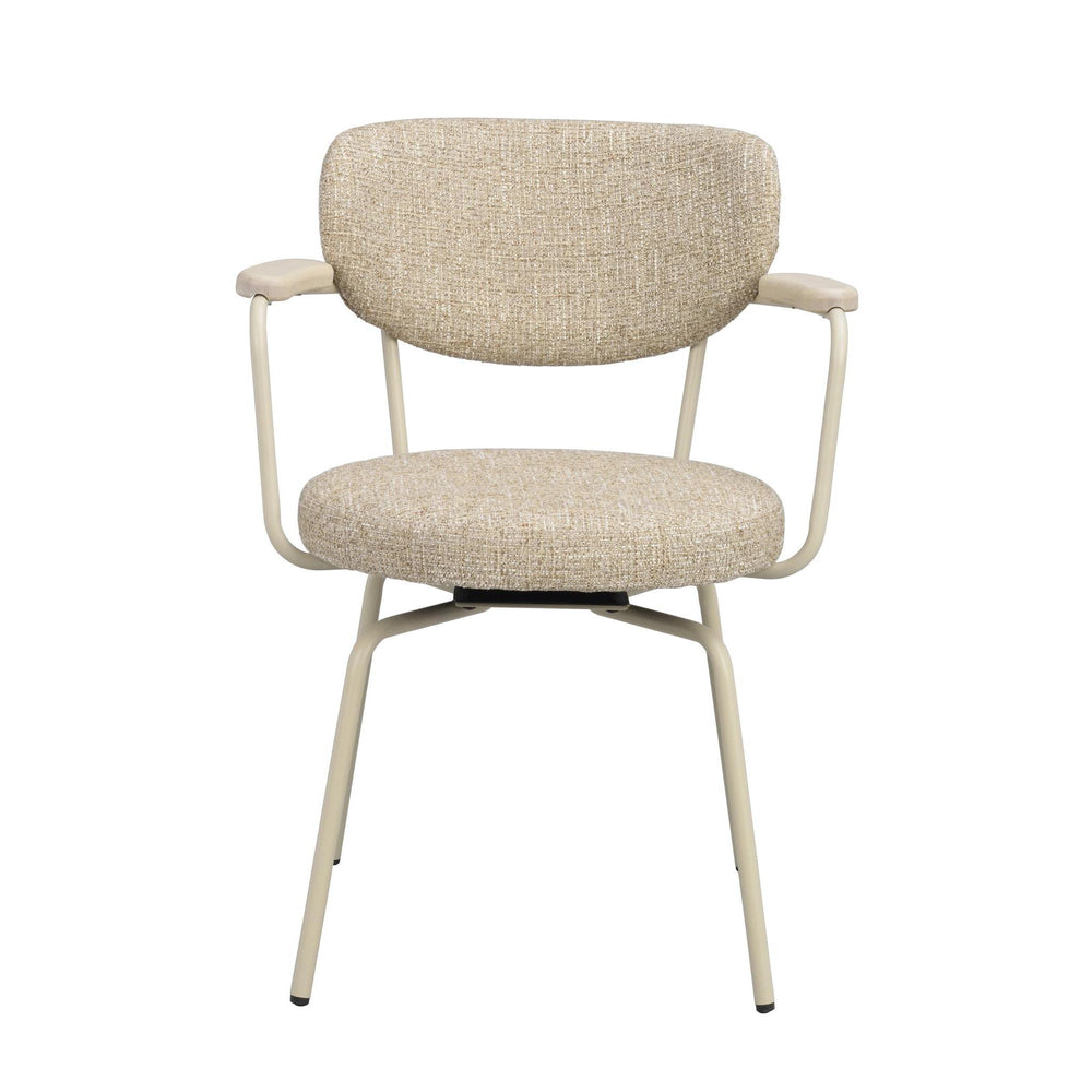 Beige stol med armstöd och rundade sits- och ryggdynor, vita metallben, snurrbar funktion