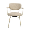 Beige stol med armstöd och rundade sits- och ryggdynor, vita metallben, snurrbar funktion