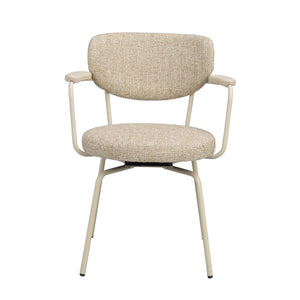 Beige stol med armstöd och rundade sits- och ryggdynor, vita metallben, snurrbar funktion