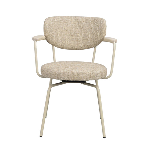 Beige stol med armstöd och rundade sits- och ryggdynor, vita metallben, snurrbar funktion