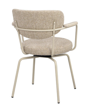 Beige stoppad stol med vita metallben och svängbar sits, sedd bakifrån