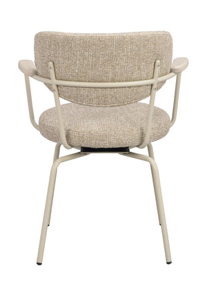 Stoppad stol med beige klädsel och cremefärgat metallstativ sedd bakifrån