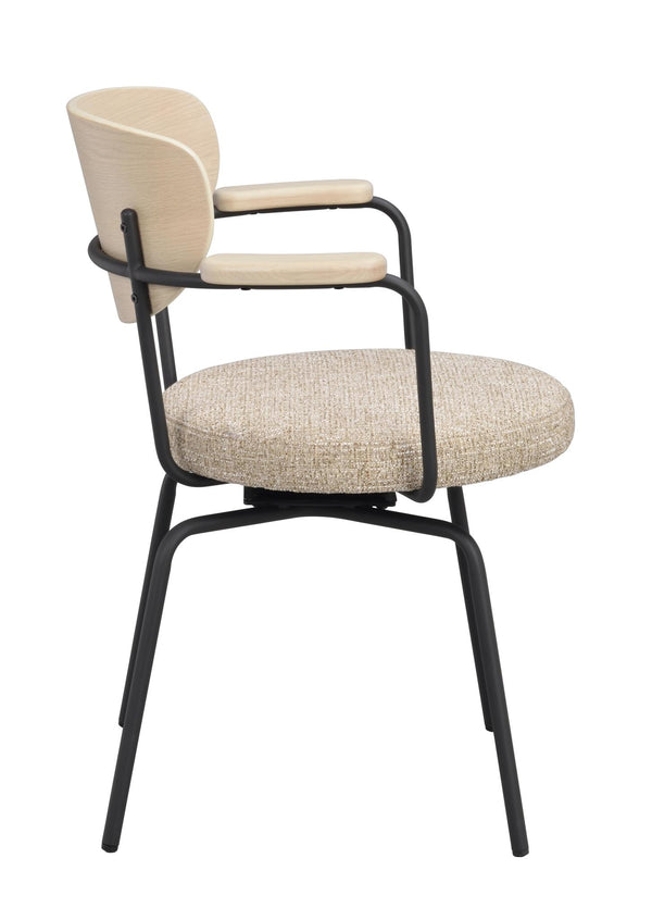 Moderna matstol med svart metallstativ, ljust trä ryggstöd och beige stoppad sits