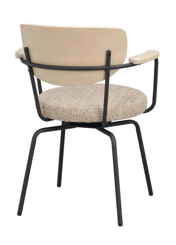 Matstol med armstöd i ljust trä och beige stoppad sits, svart metallstomme, bakifrån