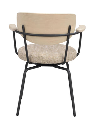 Stol med ljust trä ryggstöd, beige stoppad sits och svart metallstativ sedd bakifrån