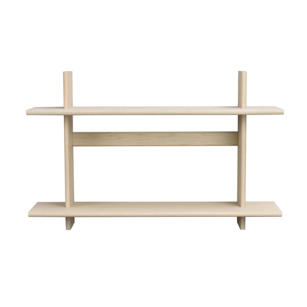 Väggmonterad hylla i ljust trä med två hyllplan och mellanliggande förvaring