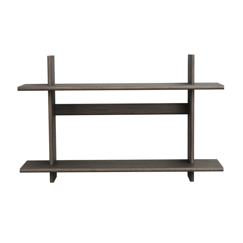 Mörkbrun väggmonterad hylla med två hyllplan i trä och vertikala stödben