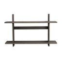Mörkbrun väggmonterad hylla med två hyllplan i trä och vertikala stödben