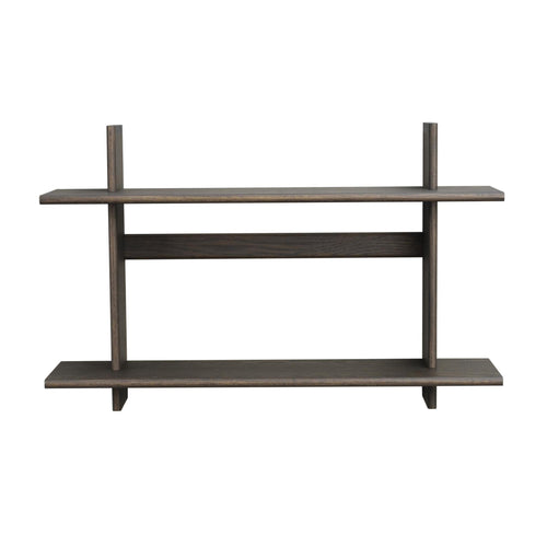 Mörkbrun väggmonterad hylla med två hyllplan i trä och vertikala stödben