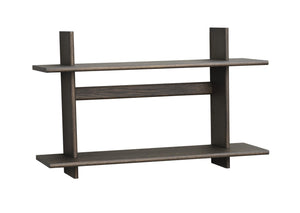 Mörkgrå väggmonterad hylla med två plan i trä, modern design med vertikala stödben