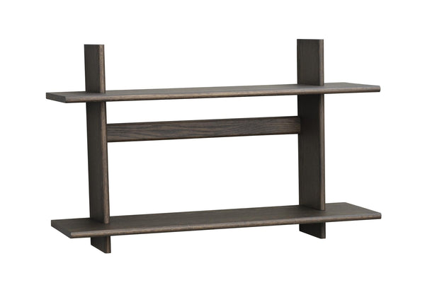 Mörkgrå väggmonterad hylla med två plan i trä, modern design med vertikala stödben