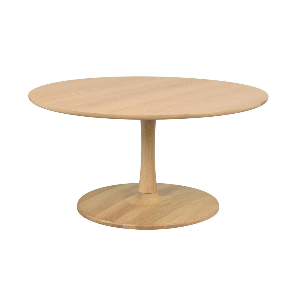 Runt soffbord i ljust trä med pedarfot och cirkulär bas