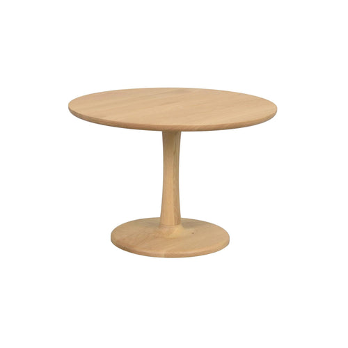 Runt soffbord i ljust trä med pedestal och rundfot