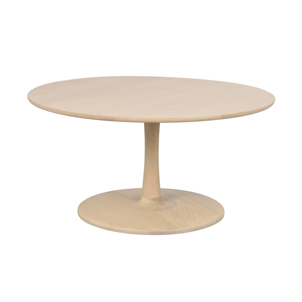 Runt soffbord i ljust trä med pelarfot och cirkulär bas, minimalistisk skandinavisk design