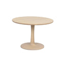 Runt matbord i ljust trä med pedestal-fot och trumpet-format ben