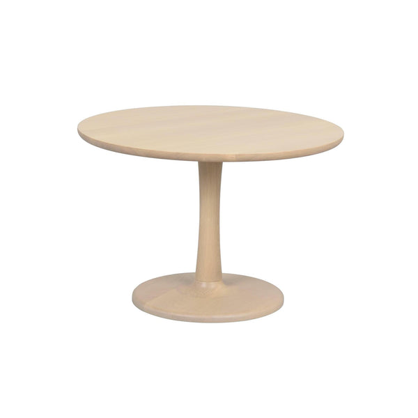 Runt matbord i ljust trä med pedestal-fot och trumpet-format ben