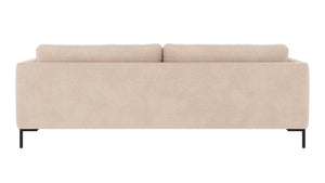 Beige tvåsitssoffa med svarta metallben, sedd bakifrån mot vit bakgrund