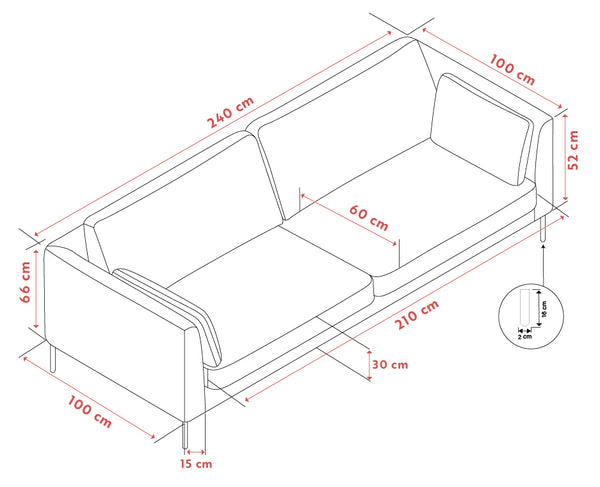 Måttskiss av bäddsoffa med dimensioner: längd 240 cm, bredd 100 cm, höjd 66 cm, sittdjup 60 cm, liggyta 210 cm