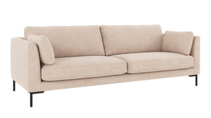 Beige 3-sits soffa med svarta metallben och lösa kuddar i modern skandinavisk design