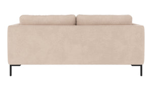 Beige tvåsitssoffa med rena linjer och svarta metallben, sedd bakifrån