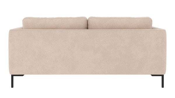 Beige tvåsitssoffa med rena linjer och svarta metallben, sedd bakifrån