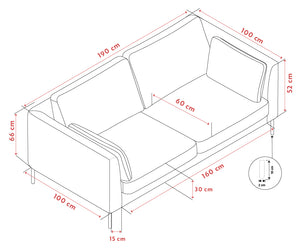 Måttskiss för fåtölj med dimensioner: 100 cm bredd, 190 cm djup, 66 cm höjd, sits 60 cm, ryggstöd 52 cm