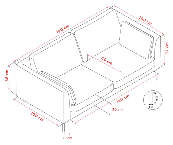 Måttskiss för fåtölj med dimensioner: 100 cm bredd, 190 cm djup, 66 cm höjd, sits 60 cm, ryggstöd 52 cm