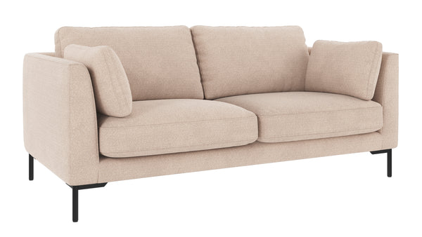 Beige tvåsitssoffa med svarta metallben och lösa kuddar i modernt skandinaviskt design