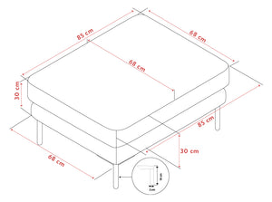 Måttritning av säng med dimensioner 68x85 cm, höjd 30 cm, ben 2 cm breda och 18 cm höga