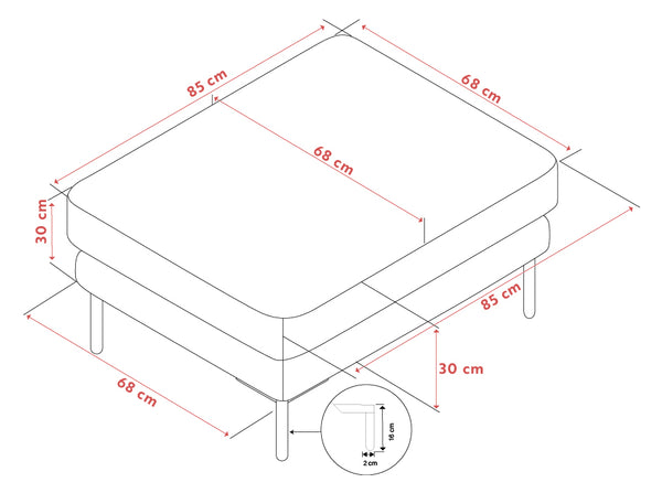 Måttritning av säng med dimensioner 68x85 cm, höjd 30 cm, ben 2 cm breda och 18 cm höga