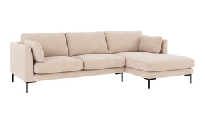 Beige 3-sits soffa med schäslong och svarta metallben, modern design i ljust tyg
