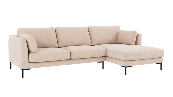 Beige 3-sits soffa med schäslong och svarta metallben, modern design i ljust tyg
