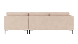 Beige soffa med schäslong och svarta metallben, vy bakifrån