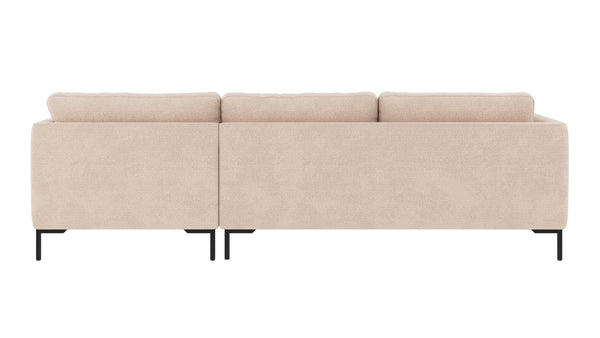 Beige soffa med schäslong och svarta metallben, vy bakifrån