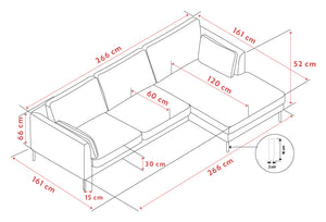Måttskiss av hörnsoffa med chaise longue, visar dimensioner 266x161 cm, sitthöjd 30 cm och totalhöjd 66 cm